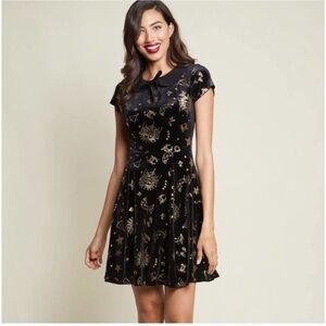 ModCloth Collectif Florence Velvet Zodiac Dress Black Gold Astrology Magic Large